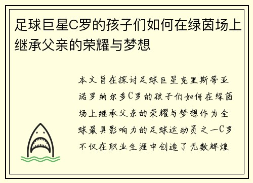 足球巨星C罗的孩子们如何在绿茵场上继承父亲的荣耀与梦想
